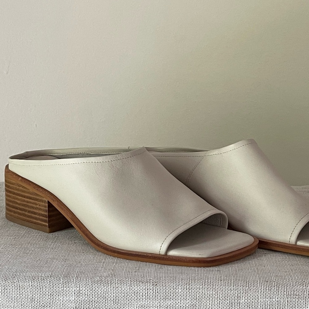 Intentionally Blank off white open toe slide with stacked wooden heel